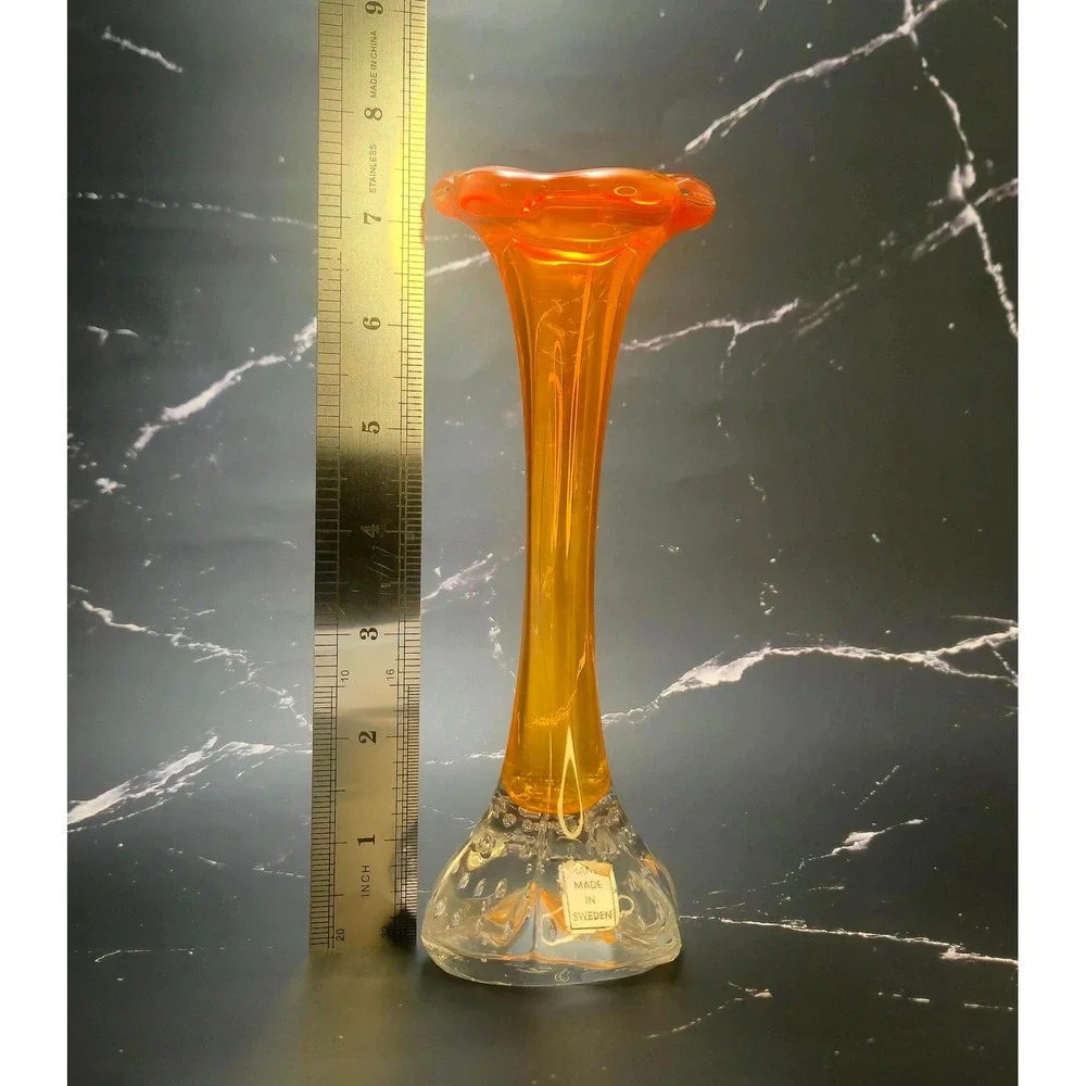 Vintage Swedish Art Glass Bud Vase Amber Orange Controlled Bubble Base 8.25